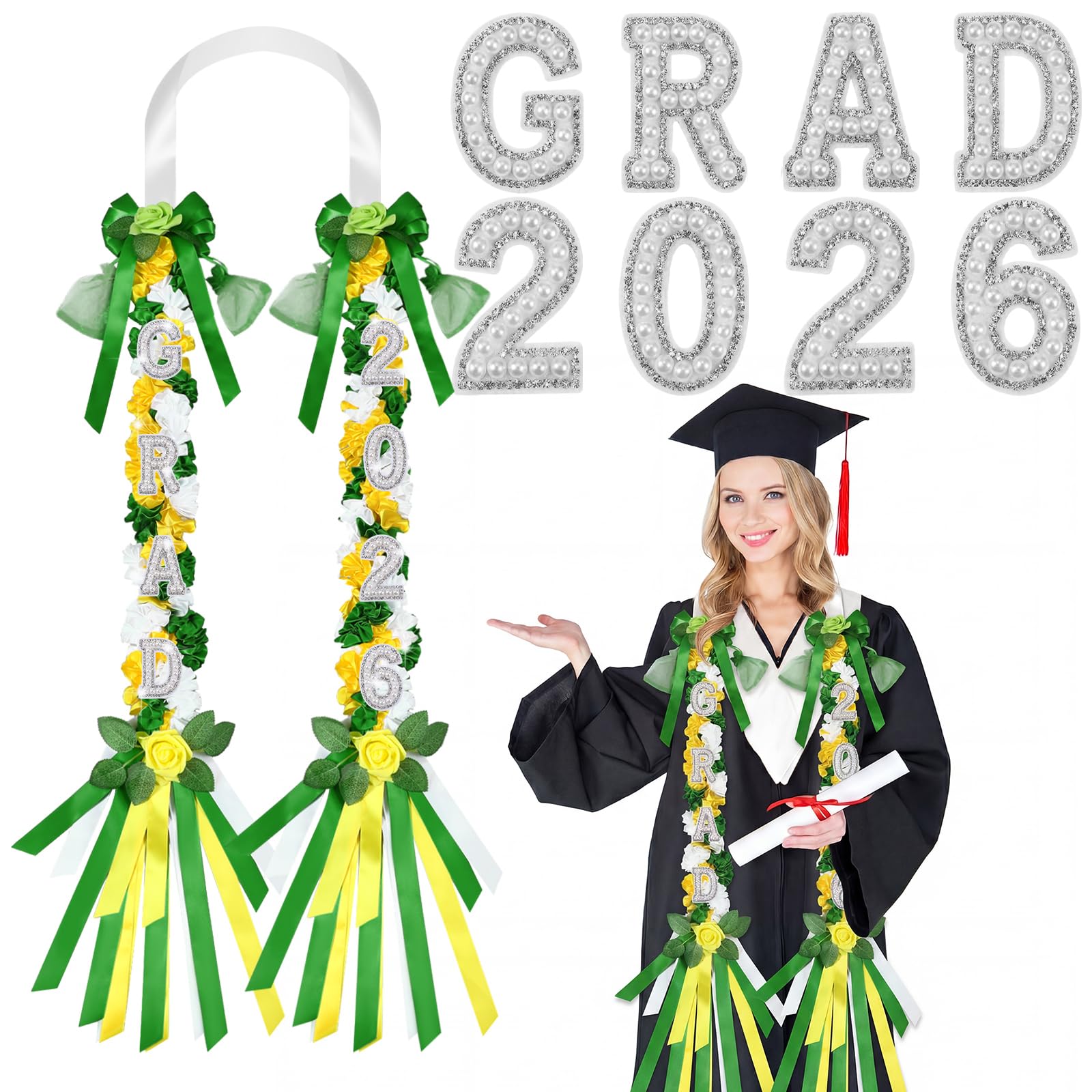 Photo 1 of 102" Flower Graduation Leis with Pearl Letters Patches Triple Braided Class of 2026 Pearl Graduation Ribbon Money Lei Necklace for High School College Senior Gift Grad Party Accessories(Green)