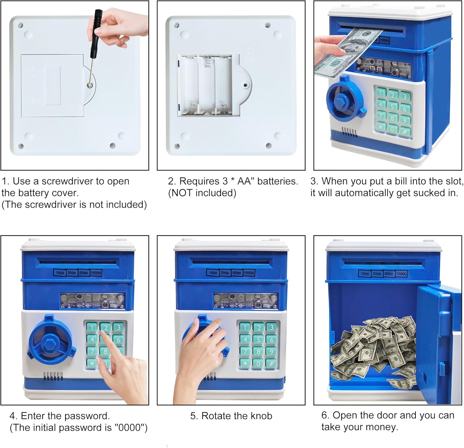 Clear and Unopenable Transparent Piggy Bank with 50 pcs Sticker (Medium) + Electronic Piggy Bank Mini ATM for Kids Baby Toy with Password (Deep Blue)