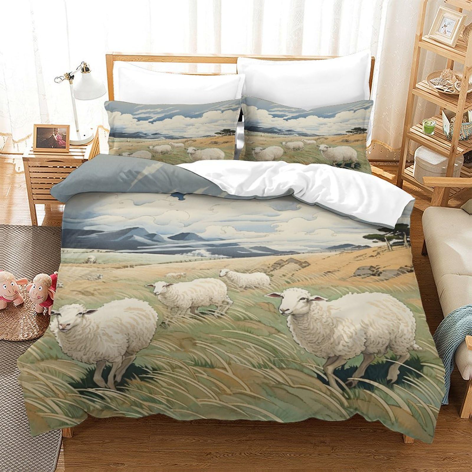 P1S9U7W5Y 3D Printed Pastoral Sheep Duvet Cover Set 3pcs Microfiber Meadow Bedding Set Double