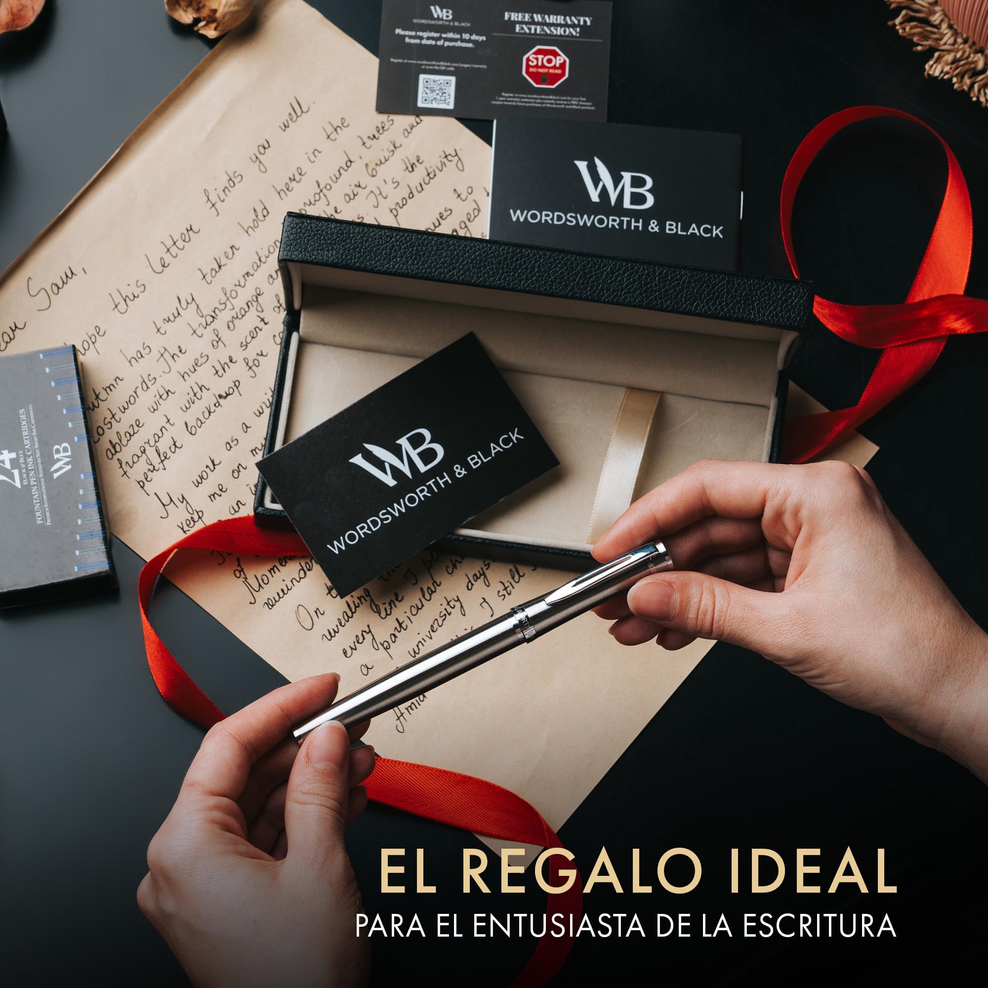 Wordsworth & Black - Juego de plumas estilográficas medias, incluye 6 cartuchos de tinta y un convertidor de recarga de tinta, estuche de regalo, para caligrafía, escritura lisa, cromado y plateado