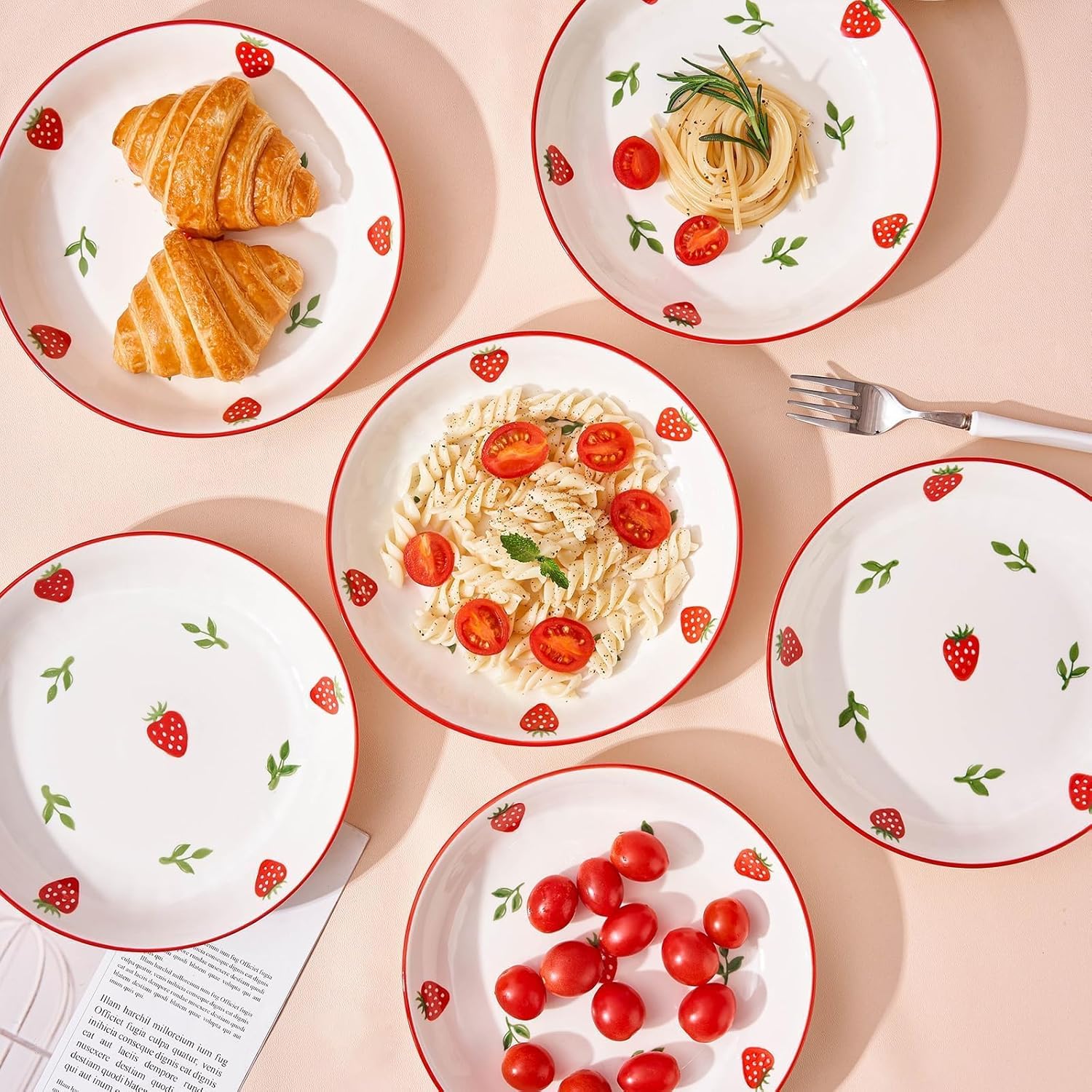 8 Inch Porcelain Pasta Bowls Set of 6, 20 OZ Cute Strawberry Plates, Dessert Plates for Fruit and Appetizer, Perfect for Women Gift, Family Party
