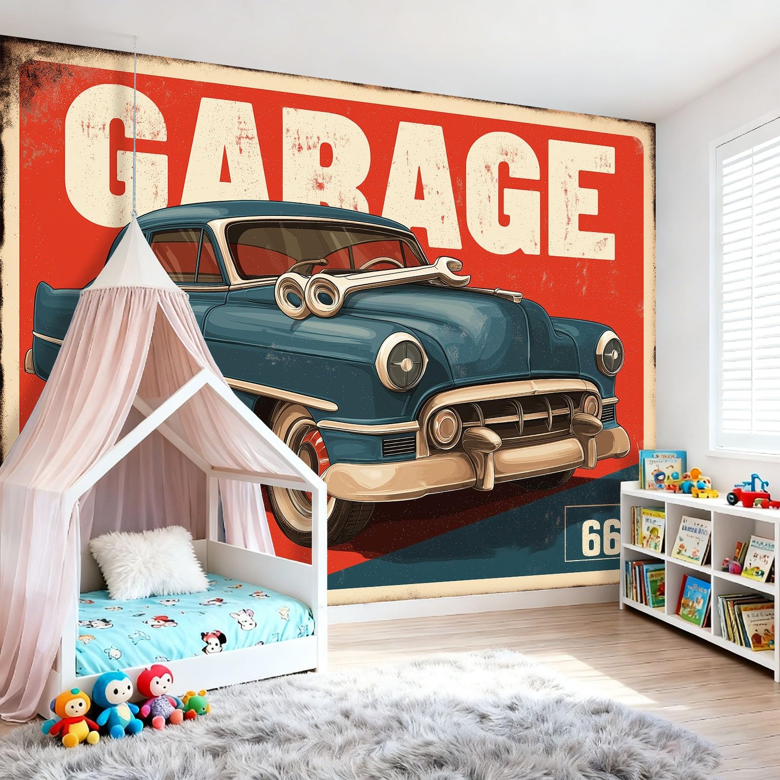 Tapeta samochodowa w stylu vintage 400 x 280 cm, plakat na ścianę mural dekoracja ścienna salon sypialnia pokój dziecięcy, czerwony