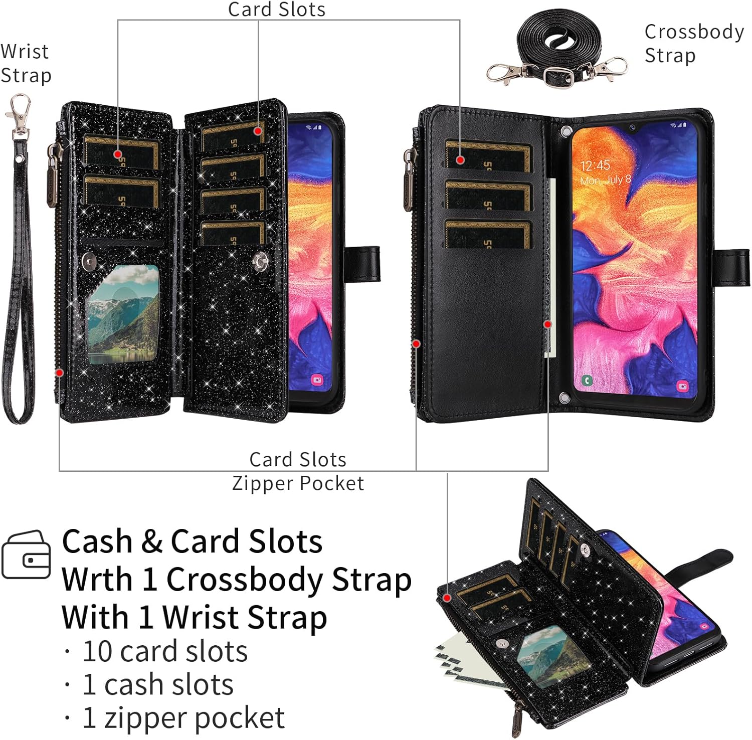 Asuwish Phone Case for Samsung Galaxy A10e Wallet Accessories Stand PU Cell Cover with Tempered Glass Screen Protector Strap Bling Glitter Zipper Flip Credit Card Holder A 10e 10ae S102DL Women Black