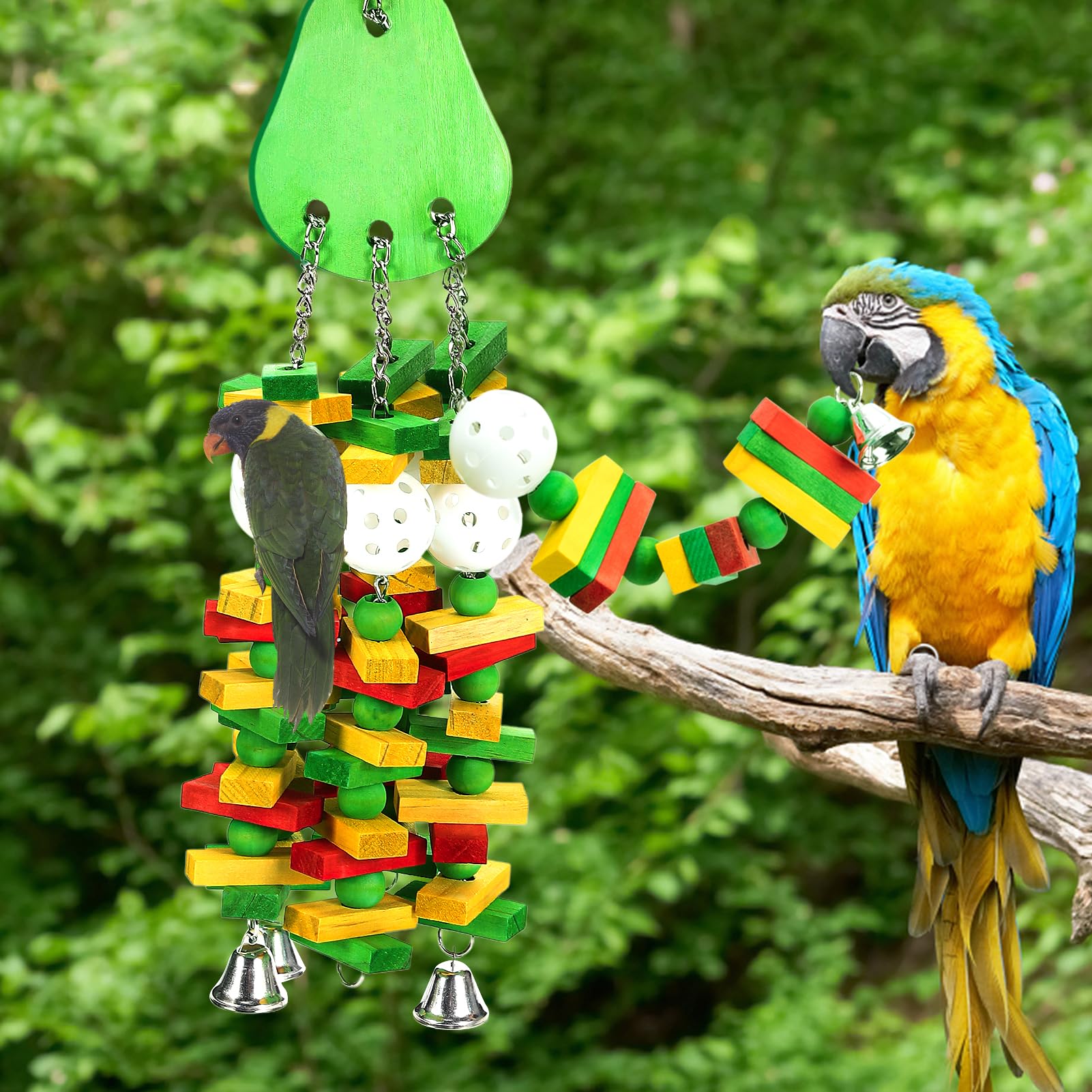 Großes Vogelspielzeug, Papageienspielzeug, Geschenk für Aras, Graupapageien, Kauspielzeug für große Vögel mit bunten Holzblöcken, Perlen und knackigen Glocken (Avocado-Stil)