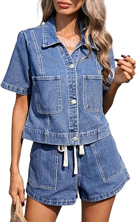 Kedera Womens Denim Two Piece Outfits Cropped Button Front Shirt Drawstring Jean Shorts Lounge Sets for Spring Summer
