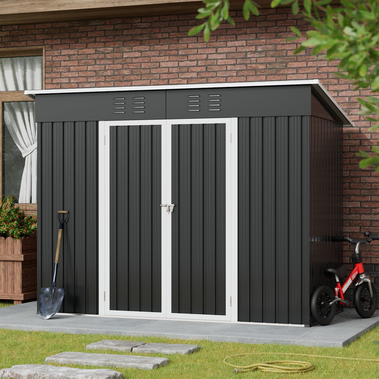 Amopatio Gerätehaus, Gartenhaus mit Pultdach, Geräteschuppen 228x109x182 cm (BxTxH), Gartenhaus Metall mit Tür, Verzinkte Gartenhülle Metall-Schuppen mit Fundamentrahmen, Schwarz