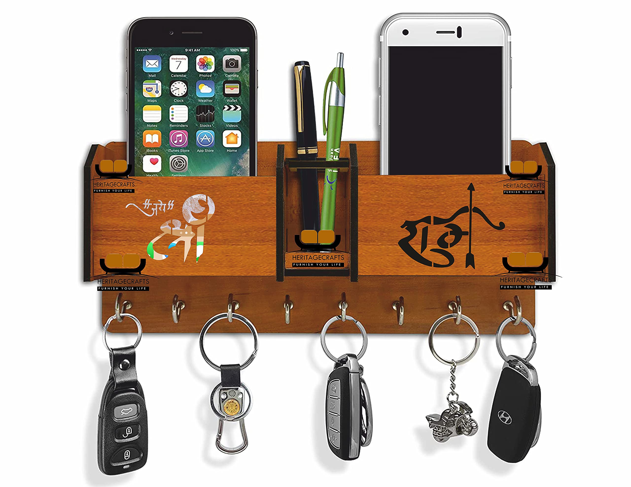 Wooden Pen & Key Holder - 8 Hooks, Stylish Storage -1