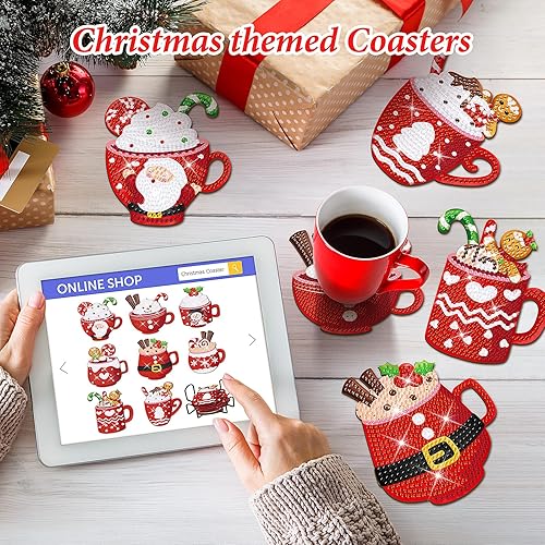 Miniatura 4 de 8 posavasos de diamantes de Navidad, juego de posavasos de chocolate caliente de Navidad con soporte, posavasos de muñeco de nieve de Papá Noel para