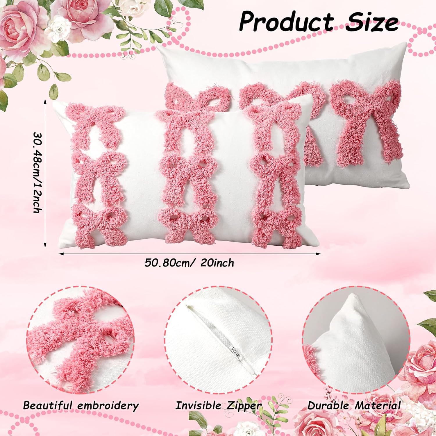 Set of 2 Pink Bow Pillow Covers Coquette Room Decor Embroidered Pillow Case Aesthetic Soft Fluffy Plush Faux Pillowcase for Galentine Valentines Girly Preppy Room Sofa Couch(20 x 12 Inches) - Image 2