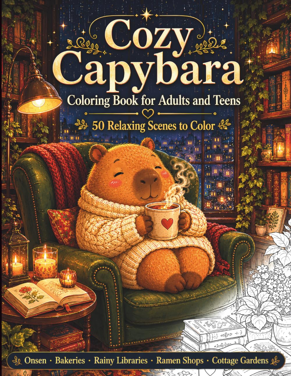 Cozy Capybara Coloring Book for Adults and Teens: 50 Relaxing Scenes to Color - Onsen, Rainy Libraries, Bakeries, Ramen Shops and Cottage Gardens