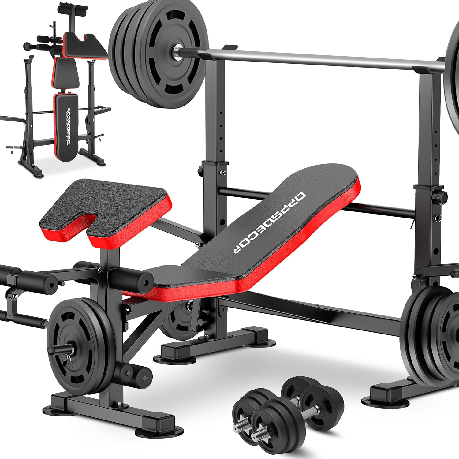 OPPSDECOR 660lbs 6 in 1 Weight Bench Set with Squat Rack Adjustable Workout Bench with Leg Developer Preacher Curl Rack Fitness Strength Training for Home Gym