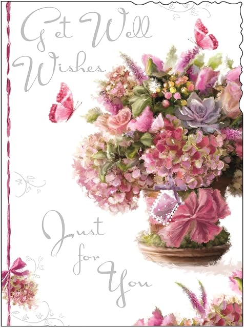 Get Well Soon Card (JJ4314) Just For You - Bouquet Of Flowers - Silver Embossed