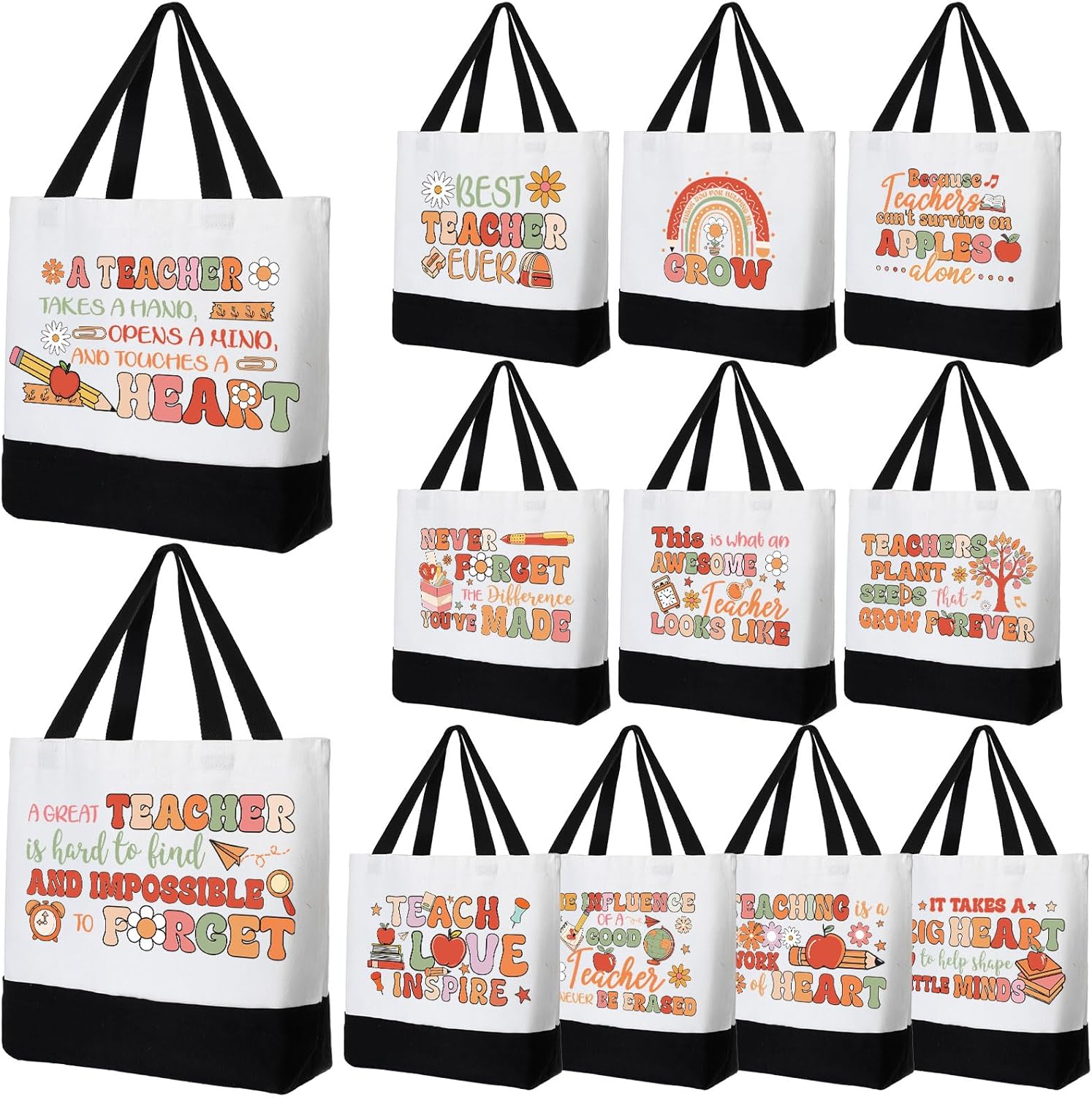 Abbylike 12 Pcs Teacher Appreciation Tote Bags Bulk Thank You Tote Bags End of Year Gifts Rainbow Appreciation Gift Bulk Inspirational Canva Handbag for Teacher Coworker Employee