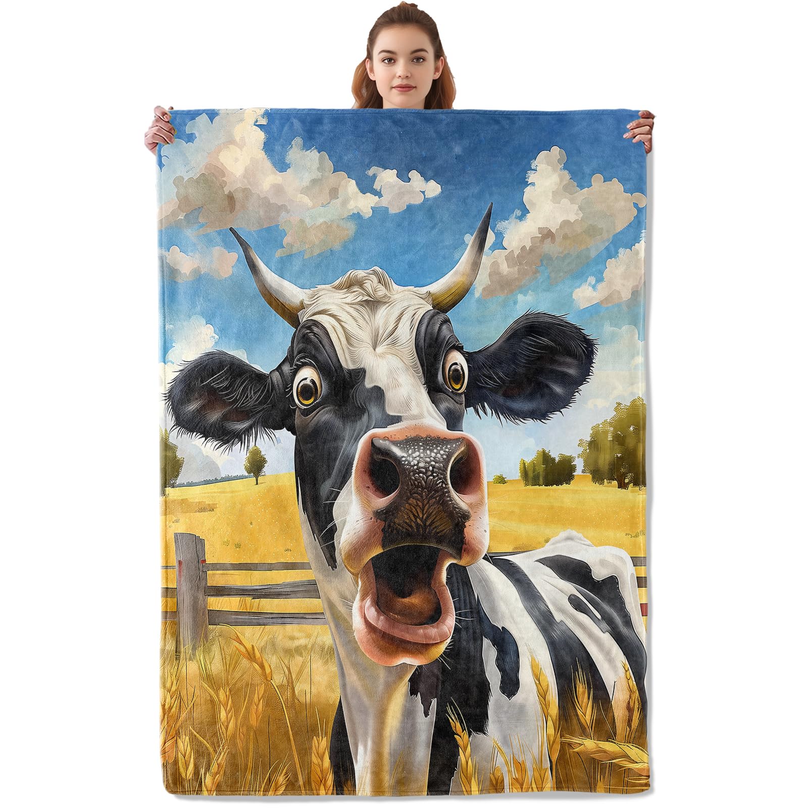 Kibue Funny Cow Blanket - Soft & Cozy Warm Flannel Throw Blanket - Lightweight Plush Blankets for Travel, Sofa, Bedroom, Office - Gifts for Adults
