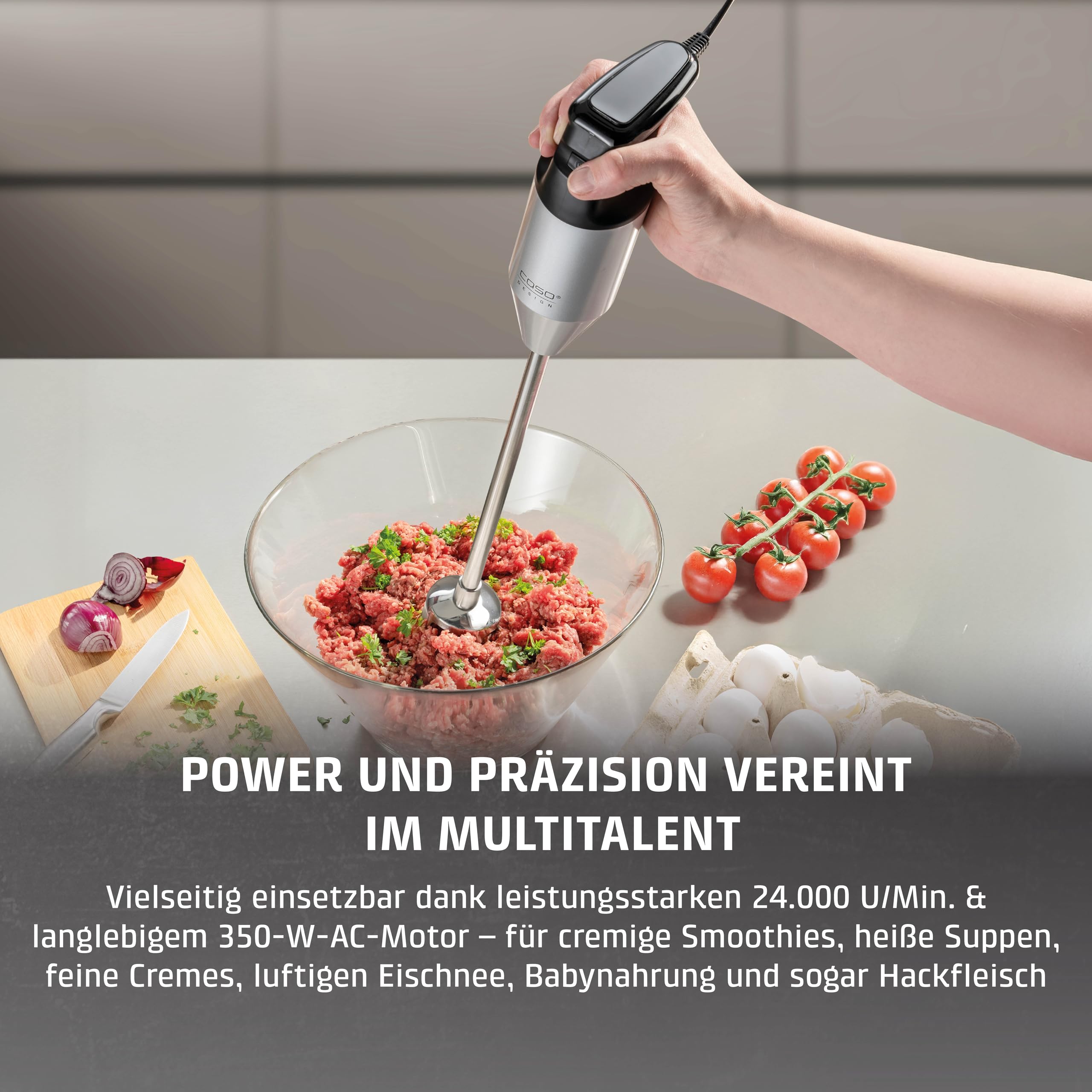 CASO HB 2400 Pro XL-Design Stabmixer Inkl. Zubehör, Testsieger Haus & Garten Test, Mixen, Rühren, Quirlen, Pürieren, Edelstahlstab (29cm), leistungsstarke 24.000 U/min
