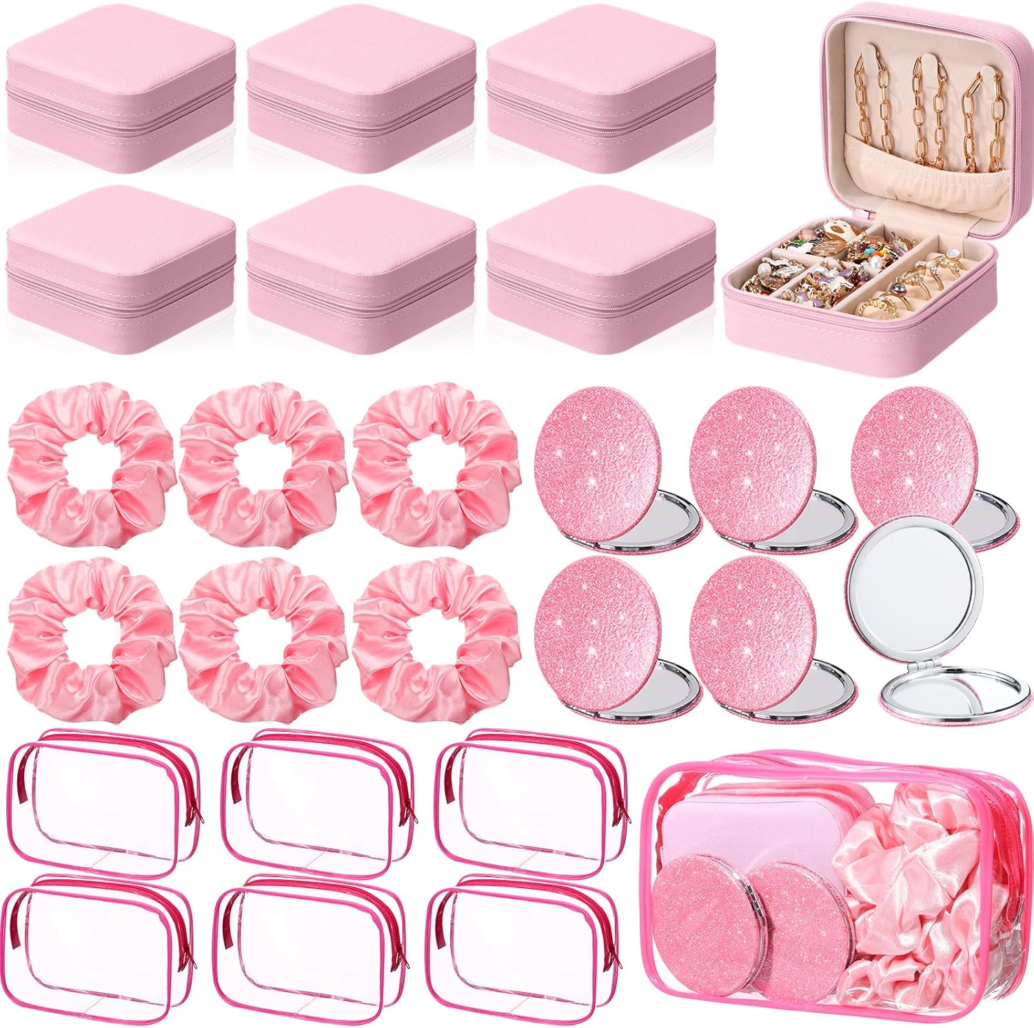 24 Pcs Spa Party Favor 6 Jewelry Boxes 6 Scrunchies 6 Glitter Mirrors 6 Bag Gift for Wedding Bridal Bachelorette Party (Pink)