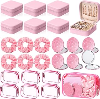 Yalikop 24 Pcs Spa Party Favors for Women Include 6 Jewelry Cases 6 Satin Scrunchies 6 Pink Glitter Mirrors 6 Makeup Bags Bridal Gifts Set for Wedding Bridal Shower Bachelorette Sleepover Party Favors