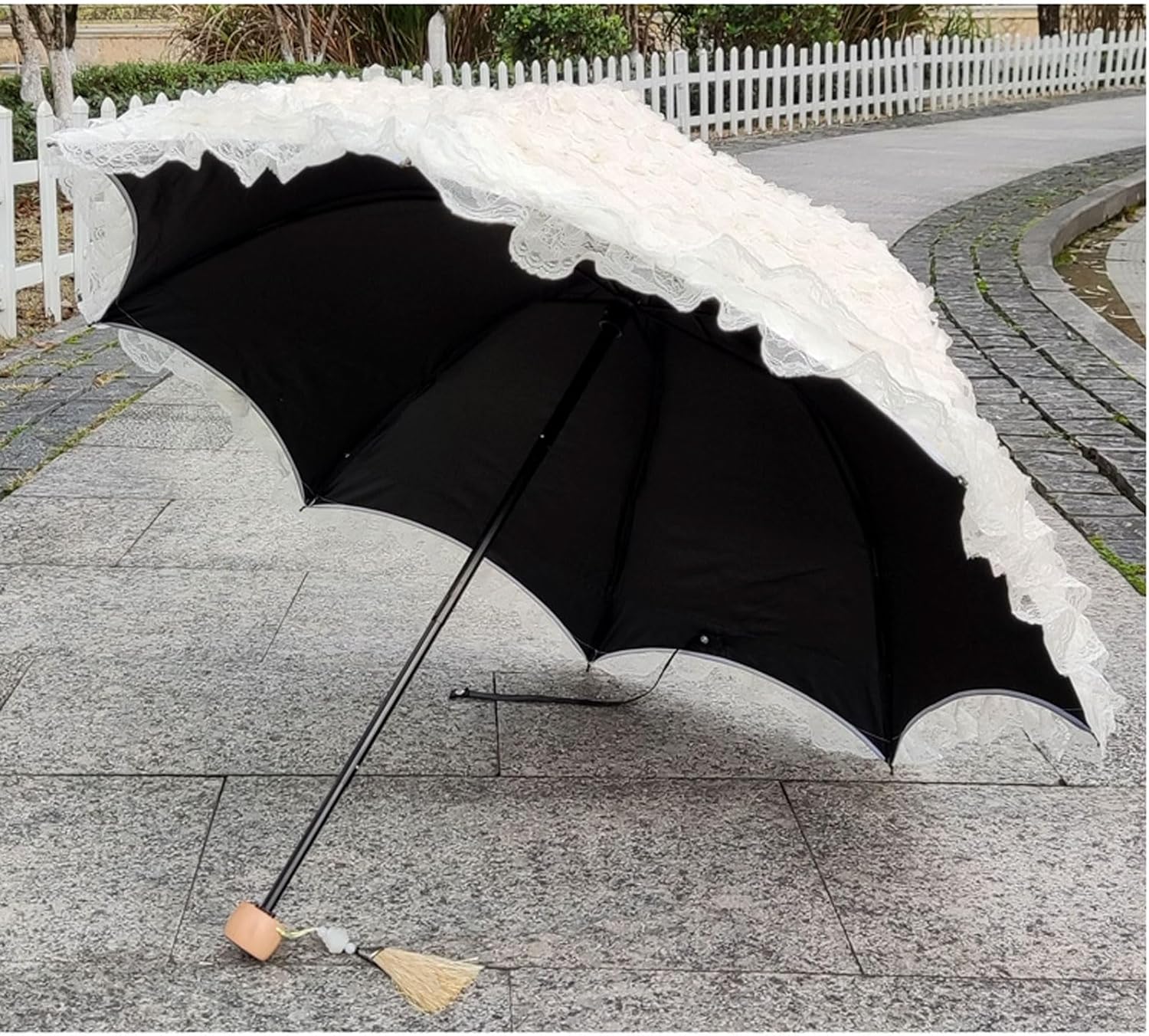 Parasol Lace Rose Embroidery Umbrella Folding Umbrella Women's Travel Umbrella (Black Two)