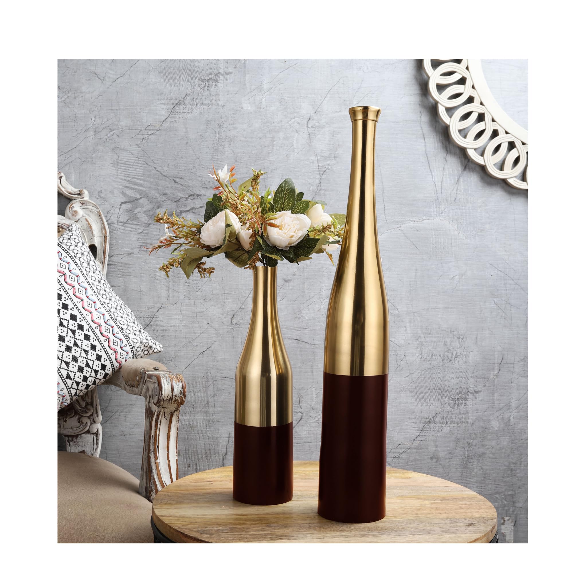 Decor de Maison Brings Handcrafted Champagne Bottle Flower Vase Set of 2 for Decoration|Centerpieces for Table Corner| Flower Vase for Dining Table, Home & Office in Gold & Red (20 &12 inch Height)