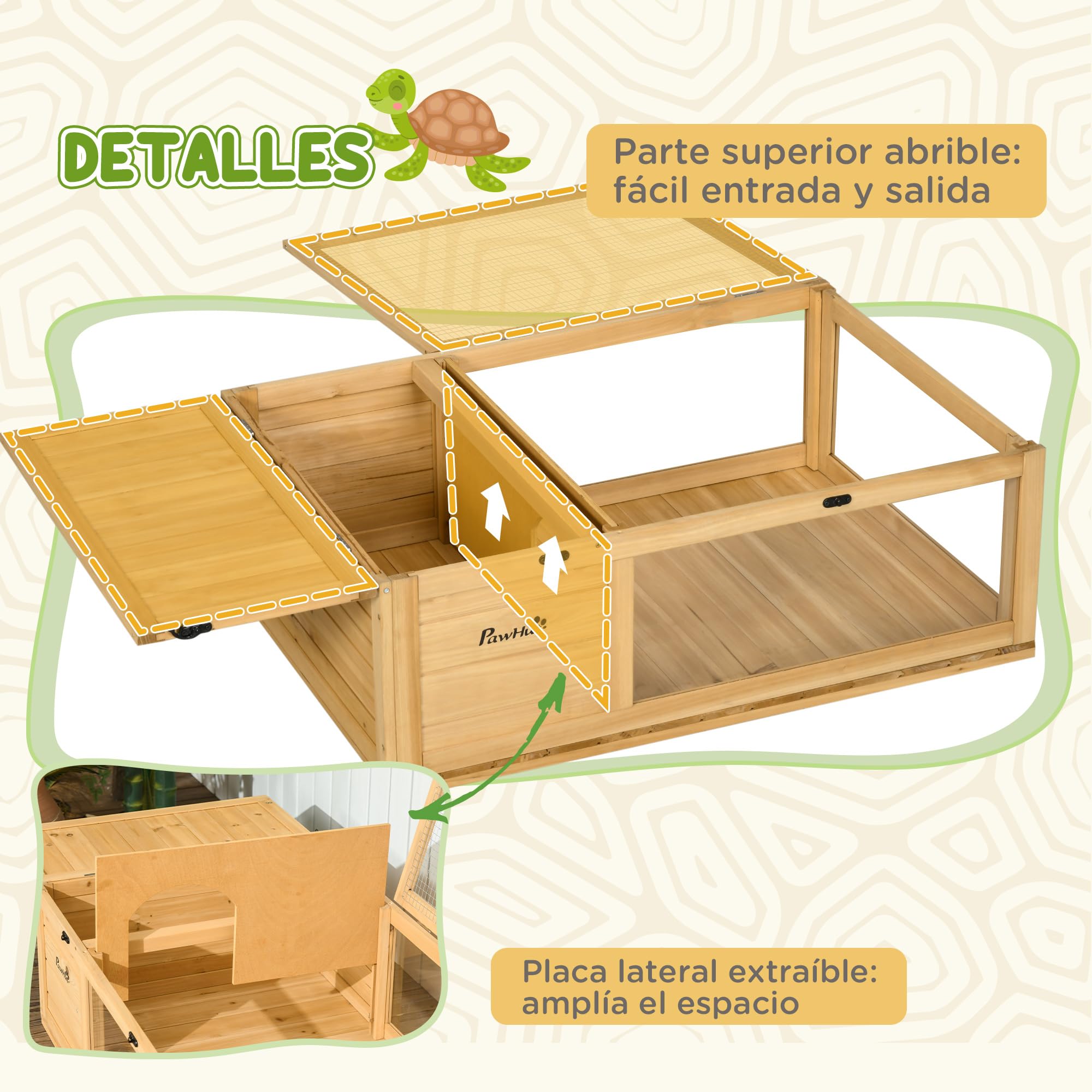 PawHut Casa para Tortugas de Madera, Terrario para Reptiles con Techo de Malla, Paneles Laterales Transparentes Extraíbles y Pestillo de Seguridad, Caseta para Tortugas, 91x60,5x32 cm, Natural — view 4