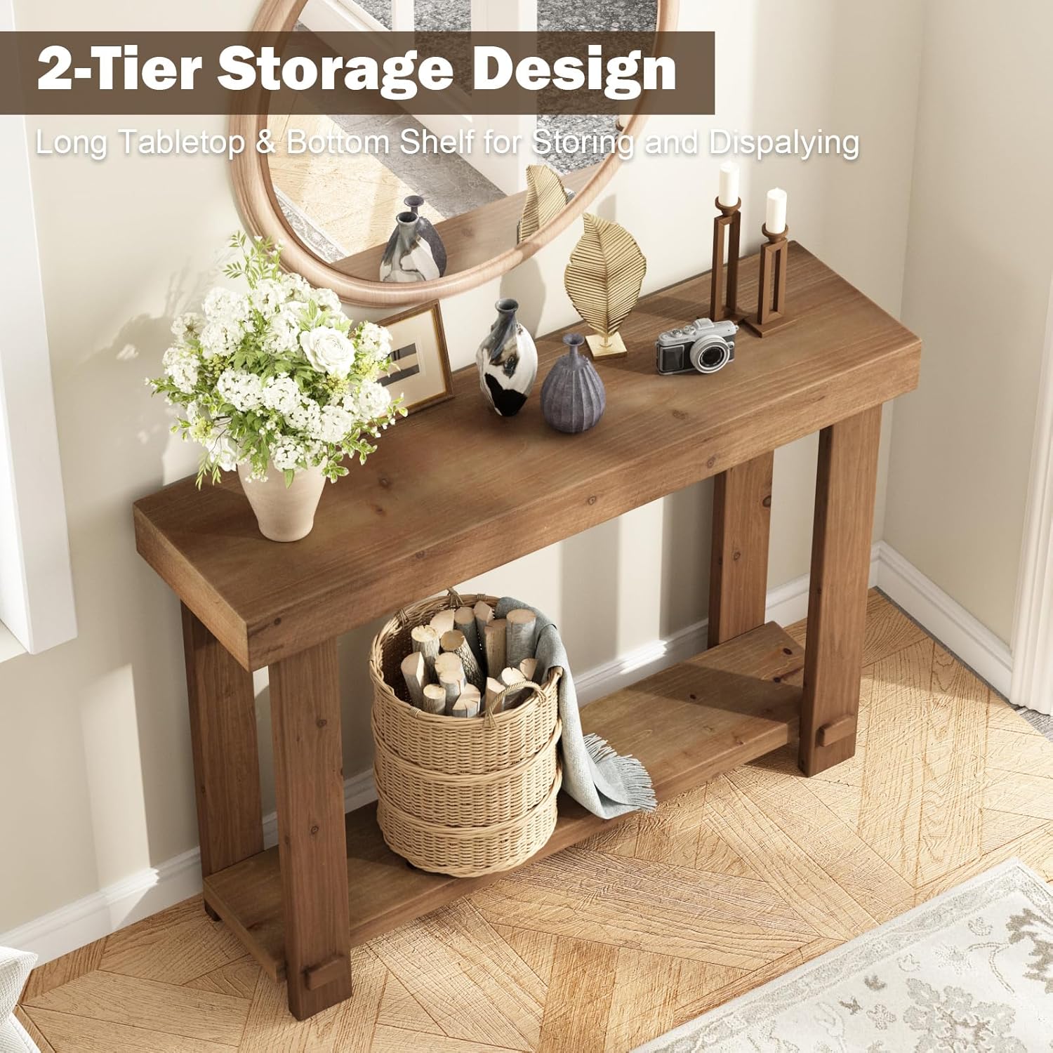 WINWYY Solid Wood Console Table, 42.5" Farmhouse Entryway Tables Thickened Tabletop and Legs Rustic Narrow Behind Couch Skinny Sofa Table for Living Room, Hallway, Entry