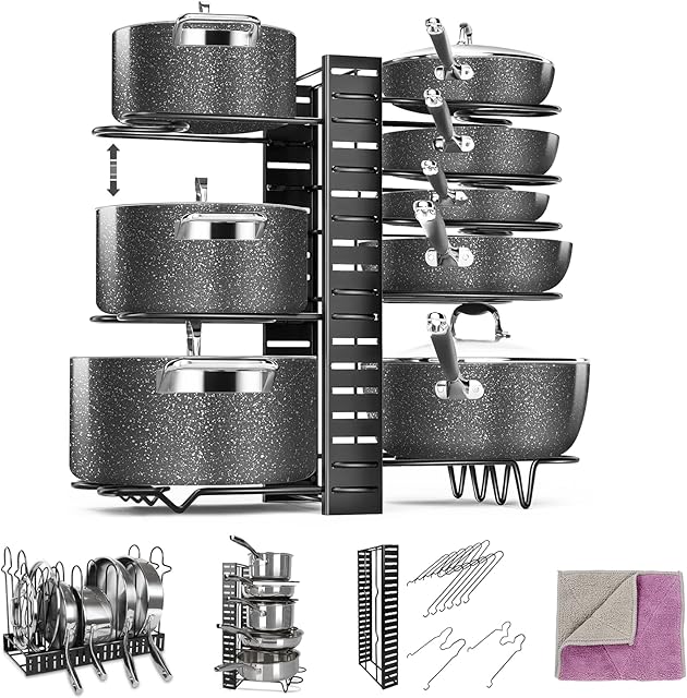 Myiosus Pan Rack Organizer, 8 Tiers Pot & Pan Racks for Cupboard, Adjustable Pot Lid Holders & Pan Organiser with 3 DIY Methods for Kitchen Cookware Storage, Send 1 Cleaning Cloth