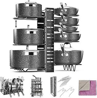 Myiosus Pan Rack Organizer, 8 Tiers Pot & Pan Racks for Cupboard, Adjustable Pot Lid Holders & Pan Organiser with 3 DIY Methods for Kitchen Cookware Storage, Send 1 Cleaning Cloth