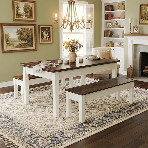 Miniatura 4 de Tribesigns Juego de mesa de cocina de 55 pulgadas para 4-6 personas, mesa de comedor de granja que ahorra espacio con 2 bancos, juego de comedor de