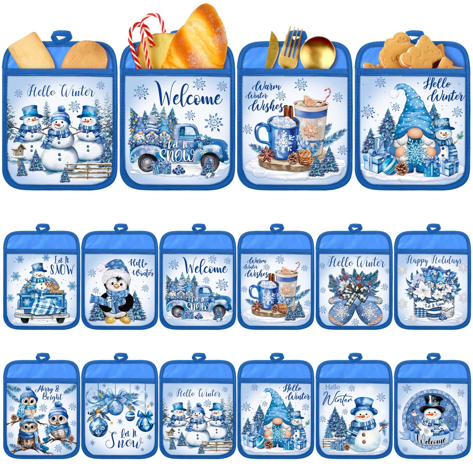 12 soportes azules para ollas de Navidad con bolsillo, Hello Winter, regalo a granel, gnomo de muñeco de nieve, resistentes al calor, guantes de horno, lindos guantes de horno de copo de