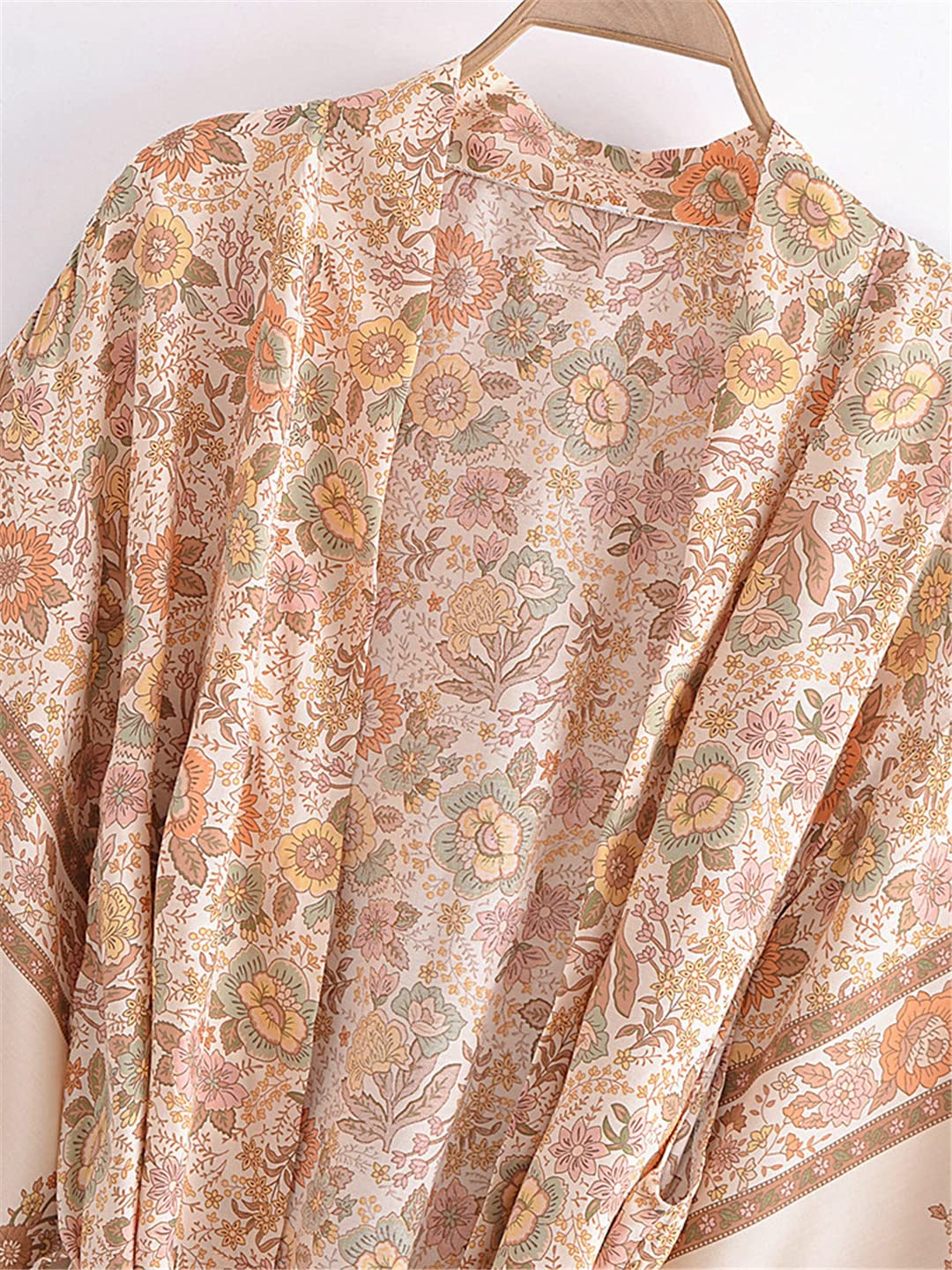 Dninmim Kimono long en coton imprimé floral pour femme - Style vintage bohème - Manches chauve-souris, Comme indiqué sur la photo, M