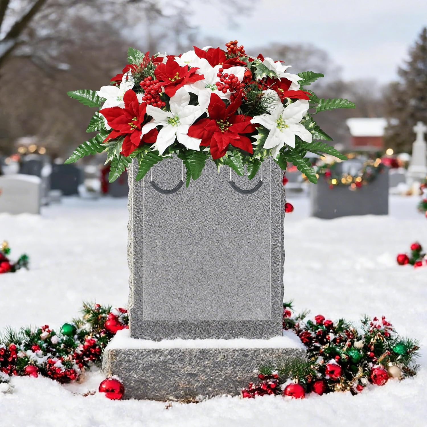 Lodou Christmas Cemetery Flowers Saddle - Red Poinsettias & Berries Plastic Grave Memorial Decor, Fade-Resistant for 60-90 Days, Weatherproof (Red White)
