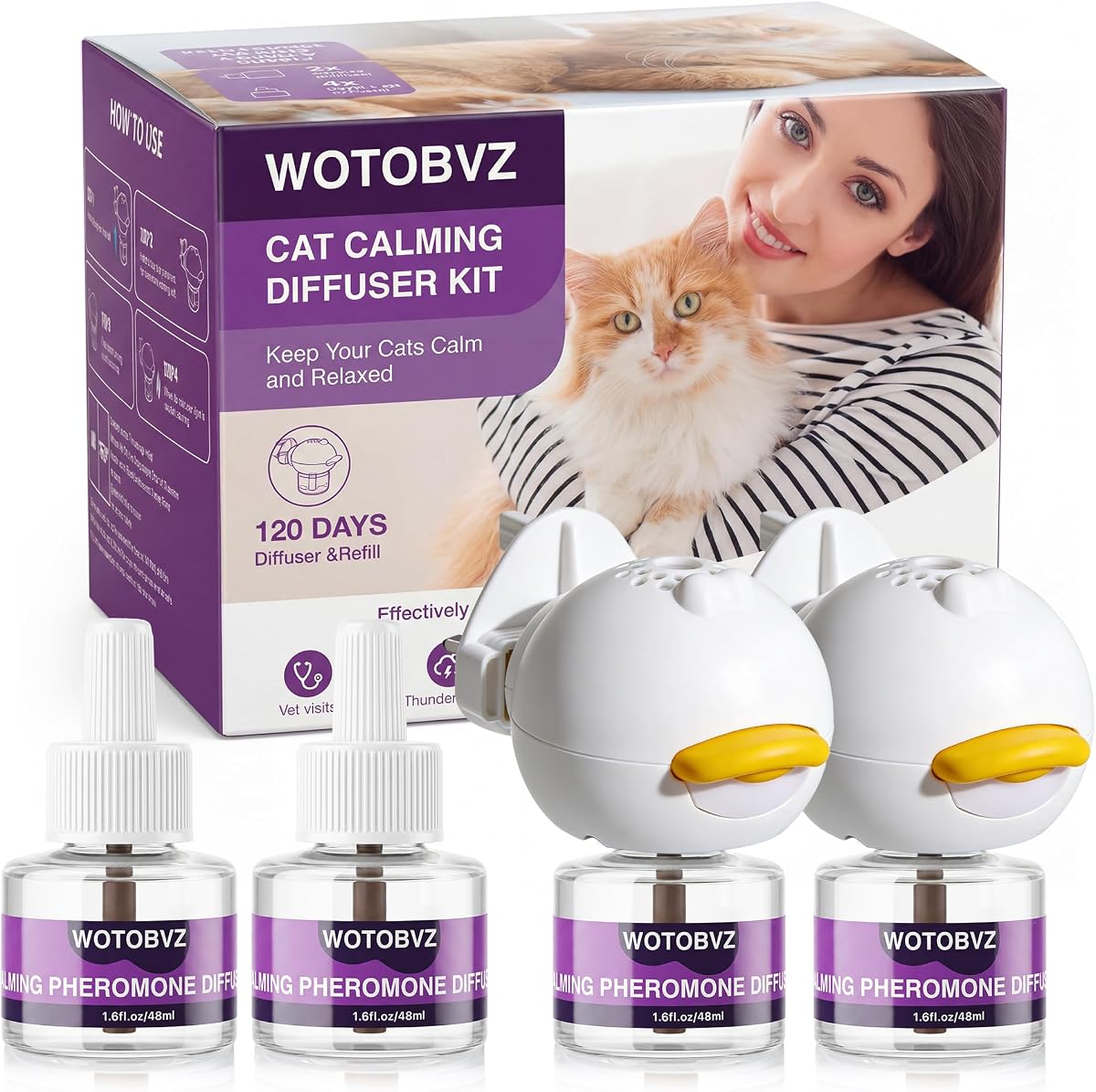 Cat Calming Plug-in Diffuser, Cat Pheromone Diffuser for Anxiety Relief in Cats, 6-in-1 Cat Calming Diffuser Kit with 2 Diffusers + 4 Refills (48ml), 120 Day Long Lasting