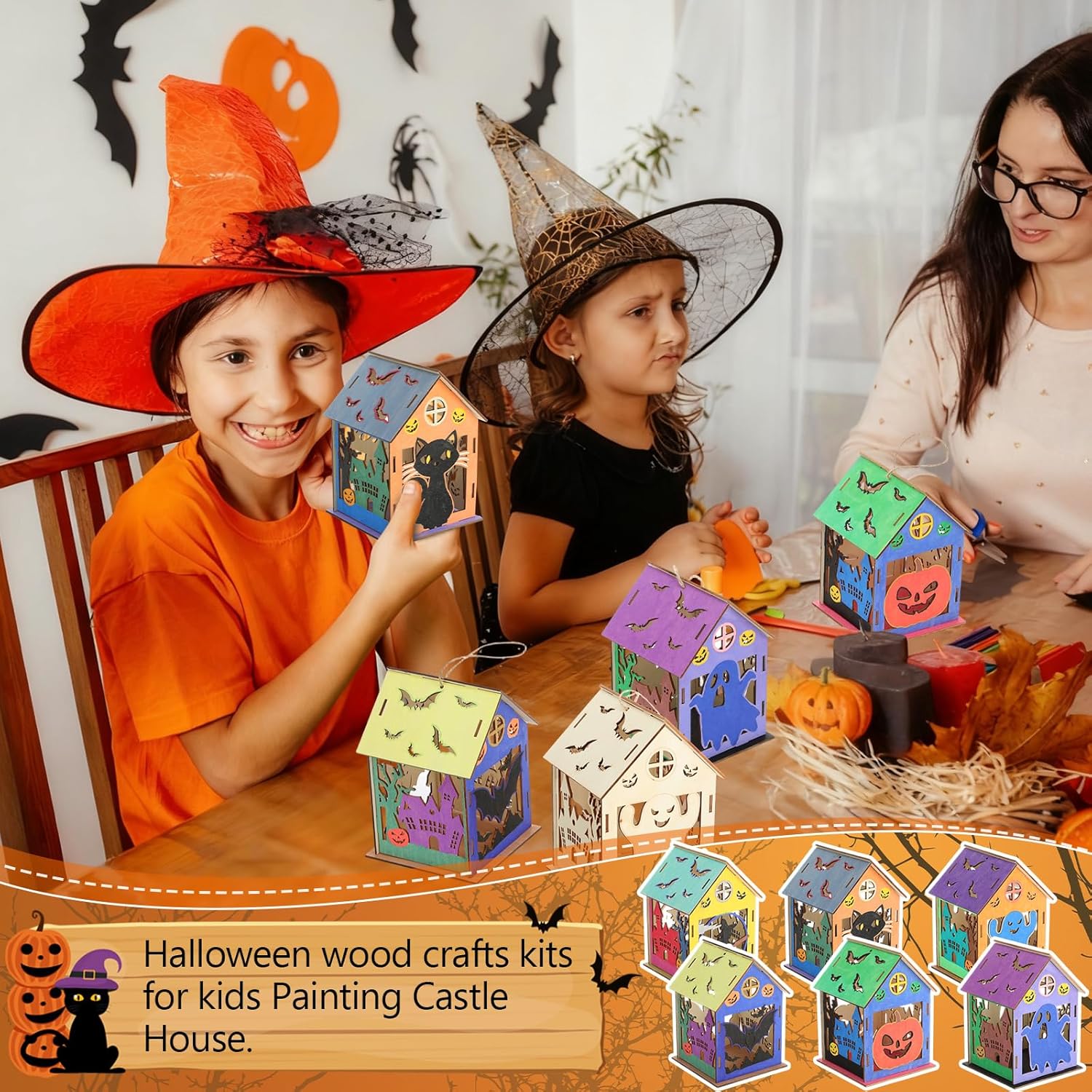 DoubleFill 24 Set Halloween Bird House Kits, Buildable DIY Birdhouse for Children, Wooden House, Arts and Crafts Set for Kids Adults Painting Halloween Party Decoration