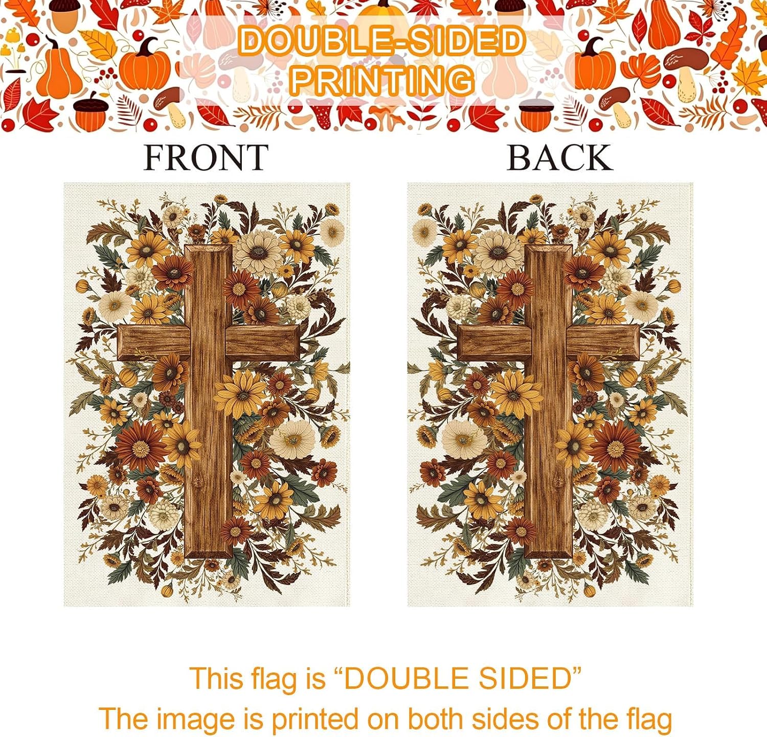 Baccessor Fall Garden Flag 12.5 x 18 Inch, Cross Floral Flowers Double Sided Burlap Welcome Small Yard Flag Autumn Thanksgiving Holiday Lawn Proch Outdoor Outside Decor
