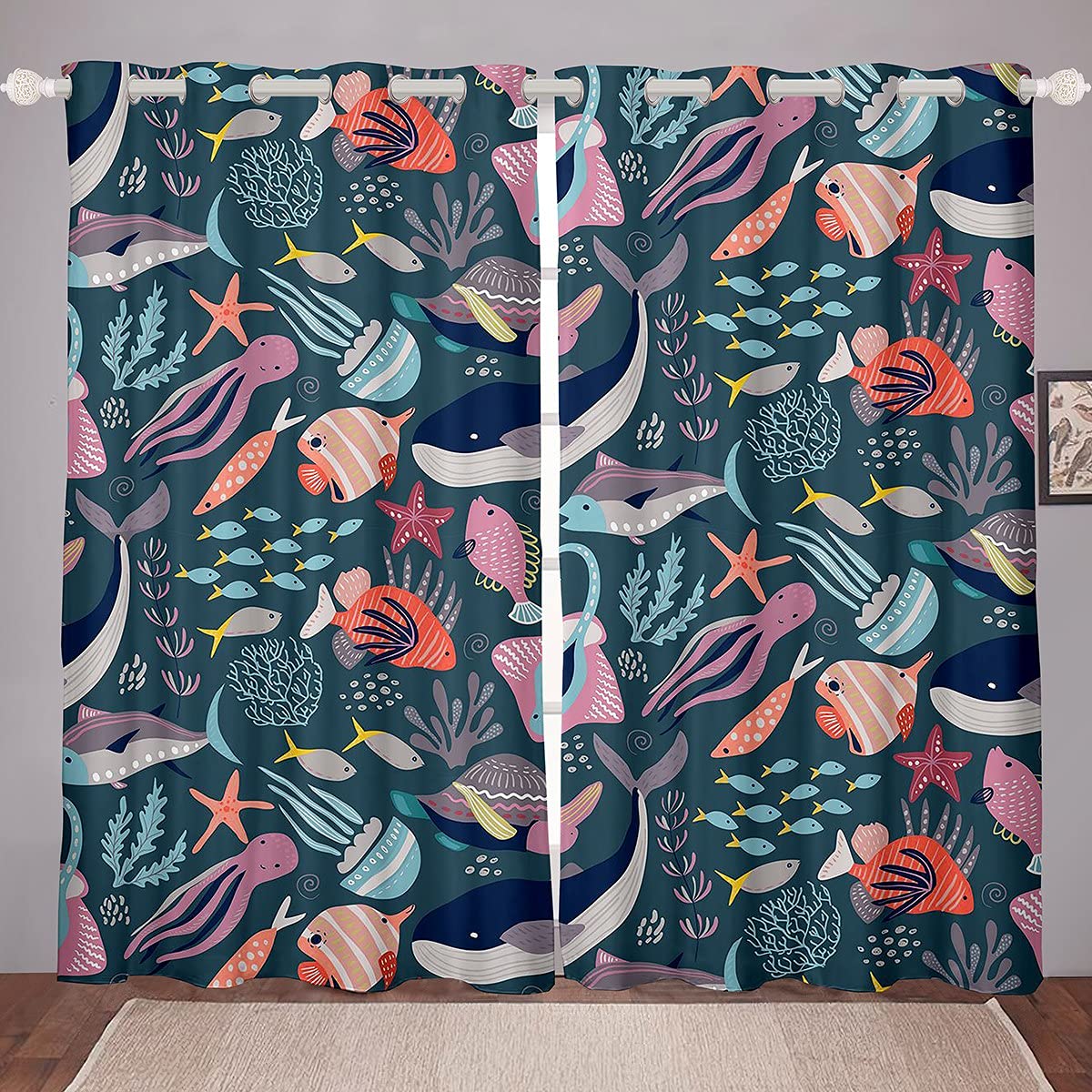 Homemissing Cartoon Sea Creatures Window Drapes Ocean Marine Window Curtains For Bedroom Living Room Boys Girls Sea Under Water World Curtains Hawaiian Sealife,W52*L90
