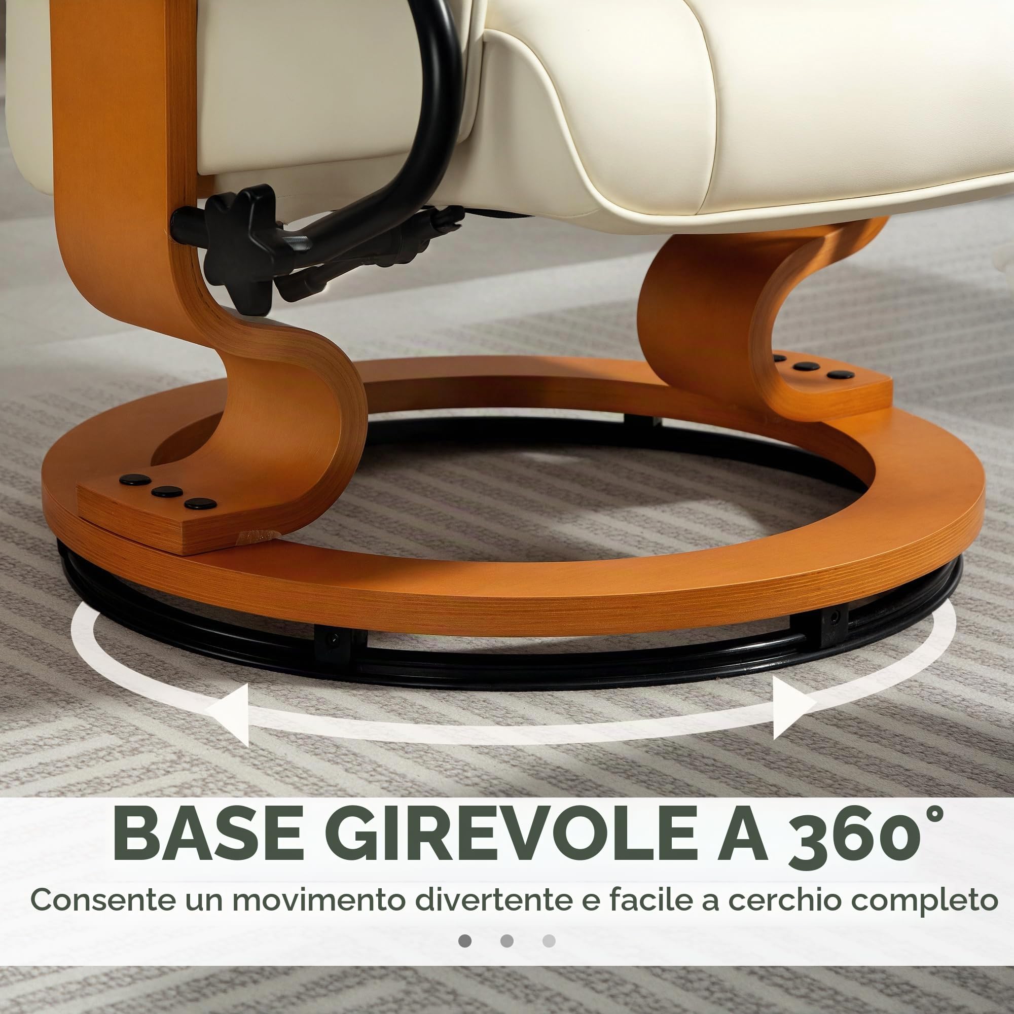 HOMCOM Poltrona relax reclinabile con poggiapiedi, poltrona Relax da salotto girevole, telaio in legno rivestito sintetico 76 x 85 x 104 cm, color crema