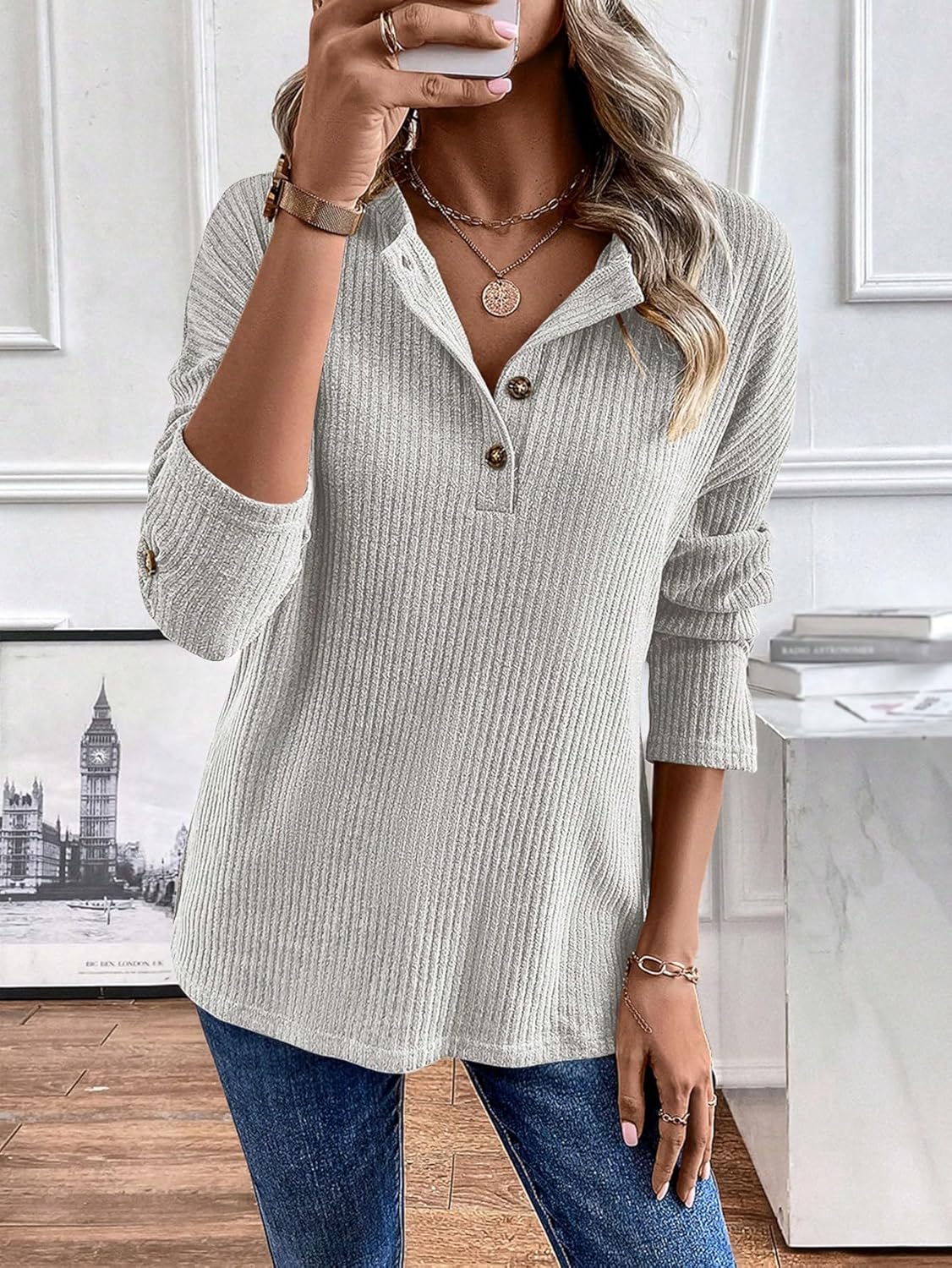 WDIRARA Women's Long Sleeve Button Down T Shirts Rib Knit Tee Solid Basic Tops - Image 2