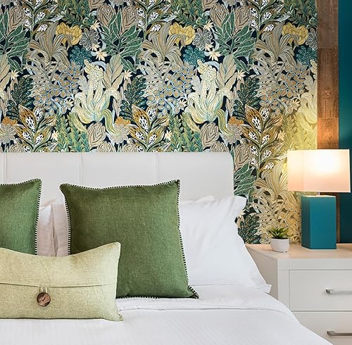 Miniatura 6 de Papel tapiz de hojas botánicas verdes de 16.1 x 78.7 pulgadas, papel tapiz de hojas bohemias para despegar y pegar, papel tapiz autoadhesivo