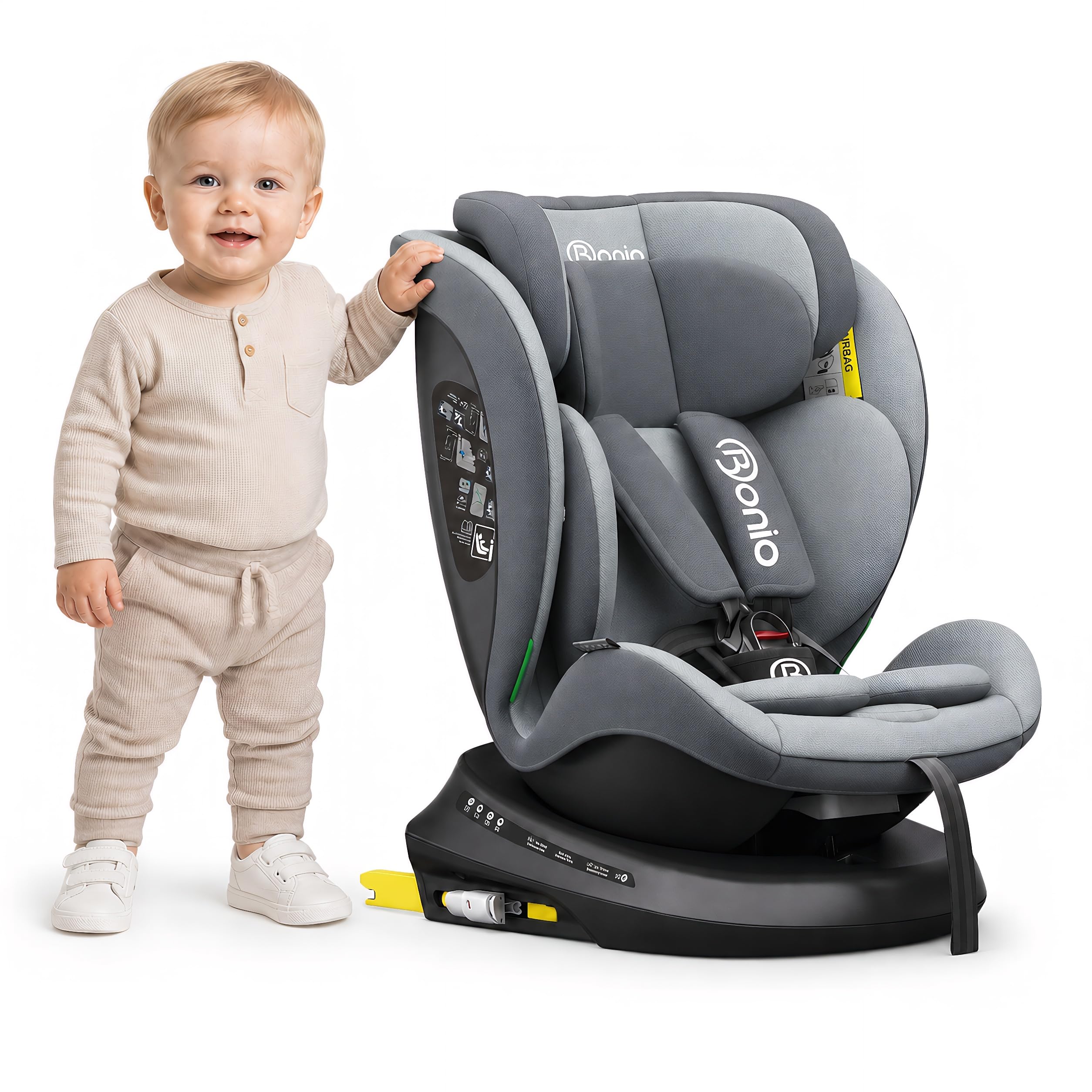 Bonio Kindersitz I-SIZE 40-150 cm 360 grad drehbar mit Isofix (Grau) | bis 105 cm Reboarder ab Geburt 0-12 Jahre, 0-36kg, 5 Sitz- und Ruhepositionen Praktisch