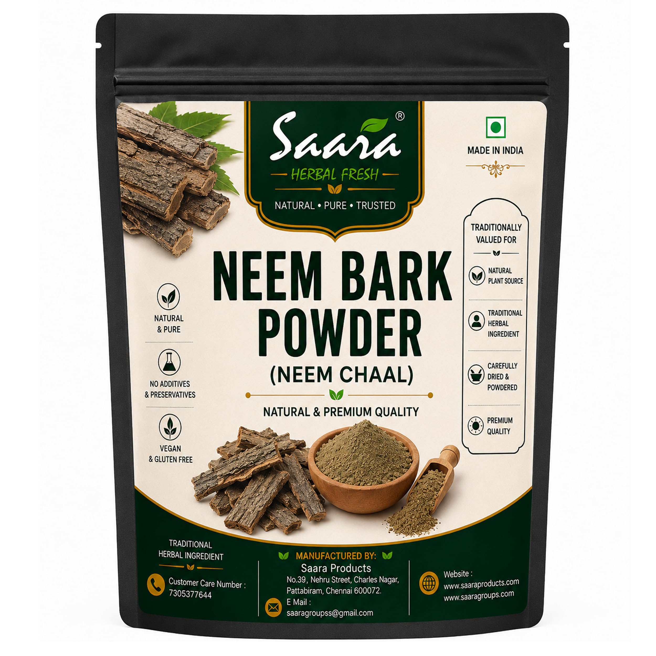 Saara HERBAL FRESH Neem Bark Powder, 100g, Neem chaal, Veppam Pattai, Nimbaka, Azadirachta Indica, Margosa Bark Powder For Teeth & Skin Care, (pack of 1 x 100g)