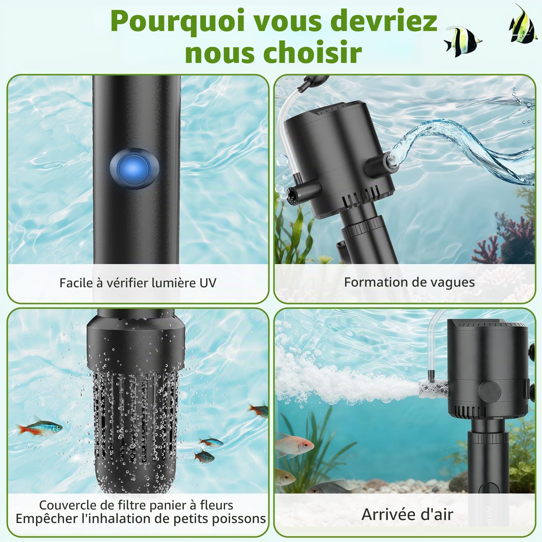 OMECO Filtre intérieur 5 en 1 pour aquarium avec stérilisateur U-V de 6 W et minuterie, 500 L/h UVC pour aquariums de 60 L à 150 L, pompe d'aquarium avec ventilation et douche de pluie