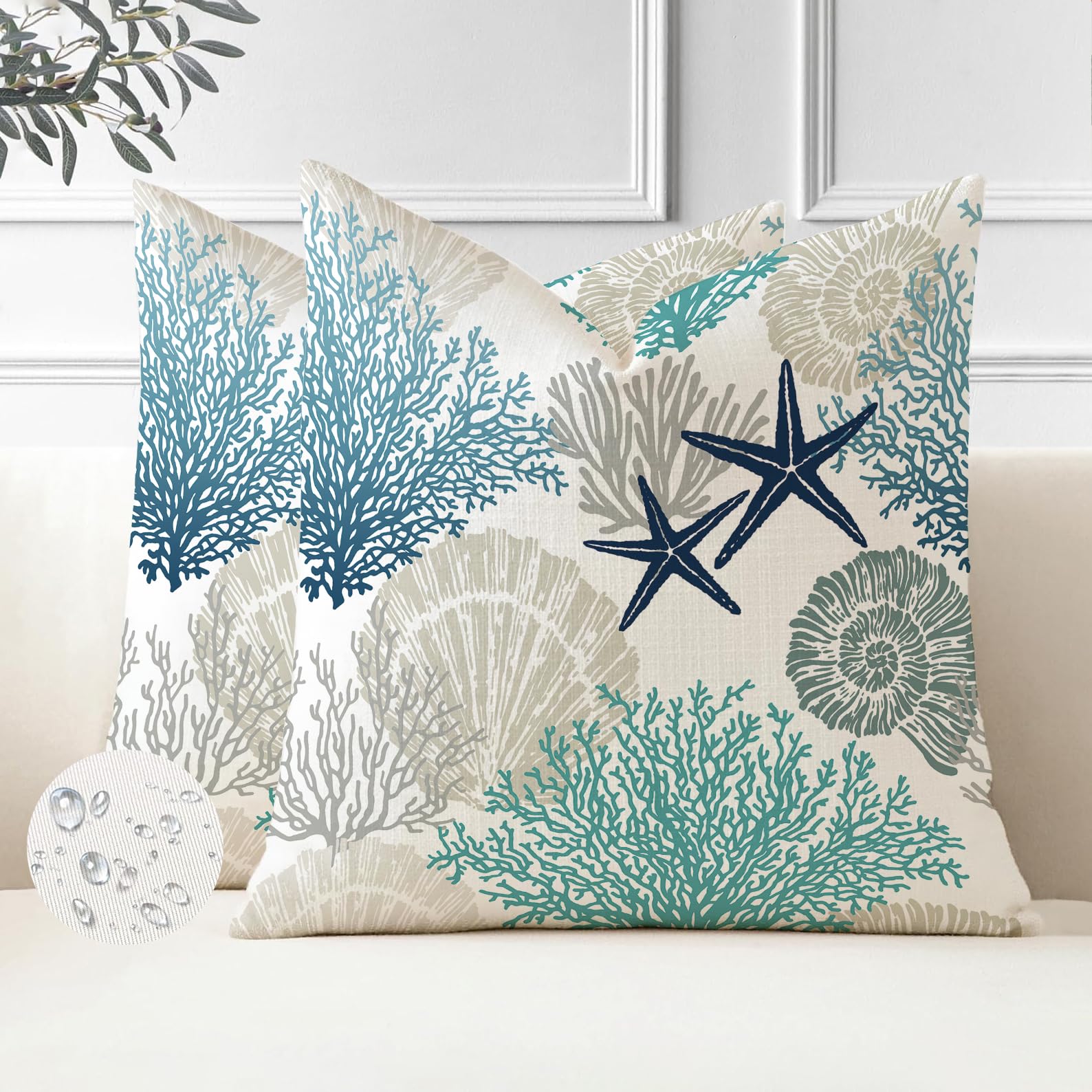 Miuyunya Set of 2 Waterproof Ocean Cushions Sofa Cushions Decorative Pillow Case 50 x 50 Starfish Coral Summer Decorative Cushions for Outdoor Sofa Bed Car Home — image 1