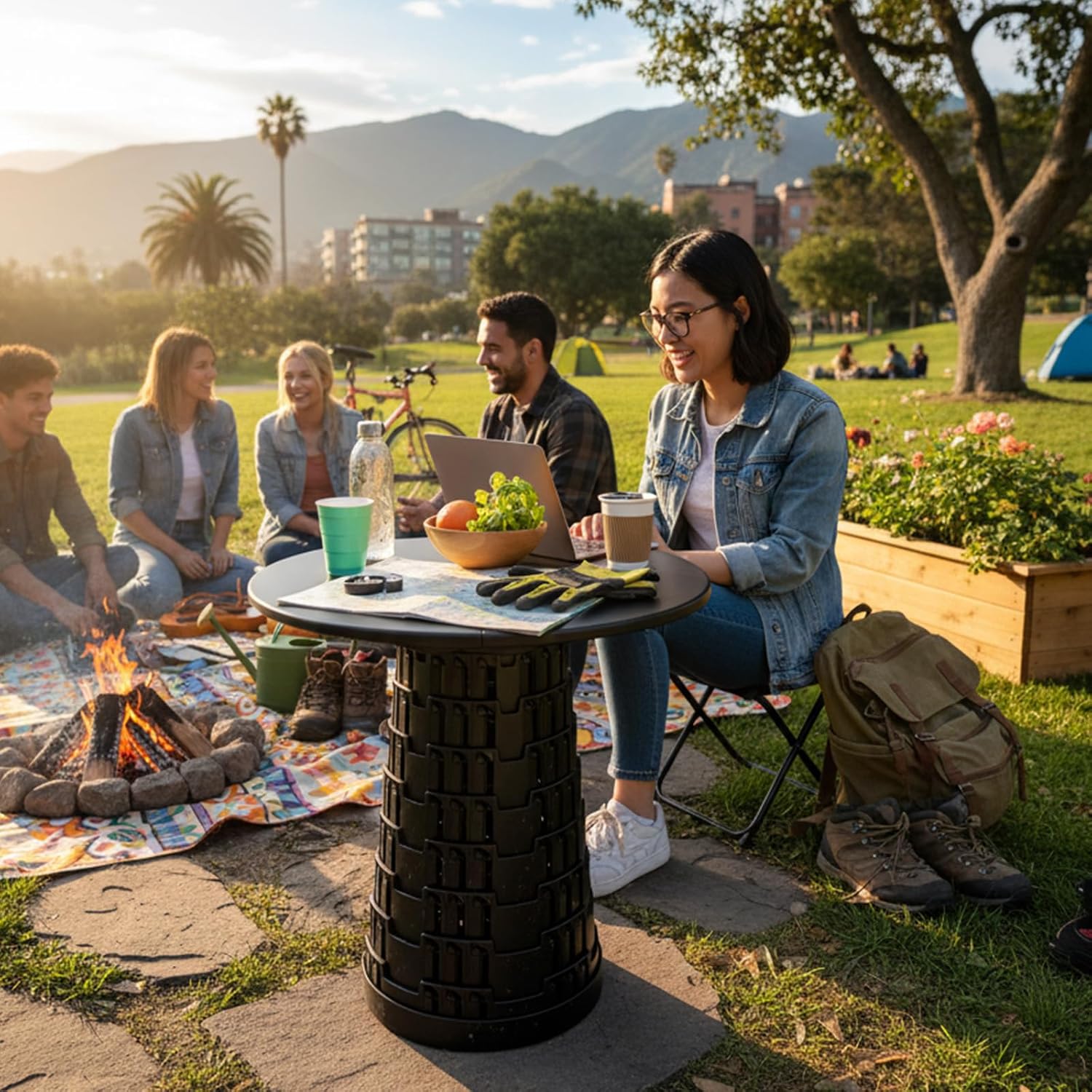 Upgraded Collapsible Stool with Table Top, Portable Telescopic Seat, Folding Stool for Camping Gardening Fishing Hiking BBQ, Tabletop Diameter 19.7 inches