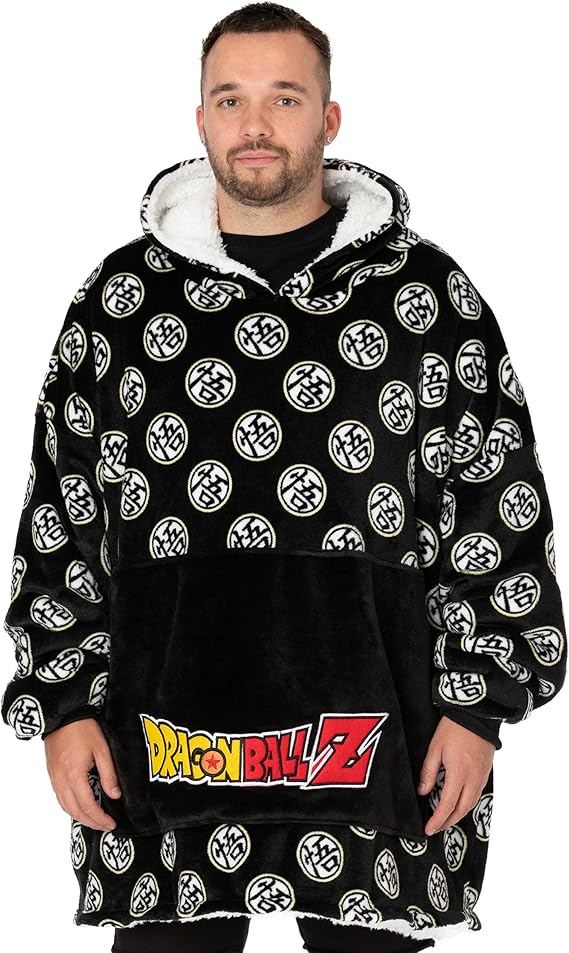 Dragon Ball Z Oversized Blanket Hoodie for Adults Men Women Symbol Goku Warrior Fluffy Double Lined Fleece Vuddie One Size Sweatshirt with Pocket