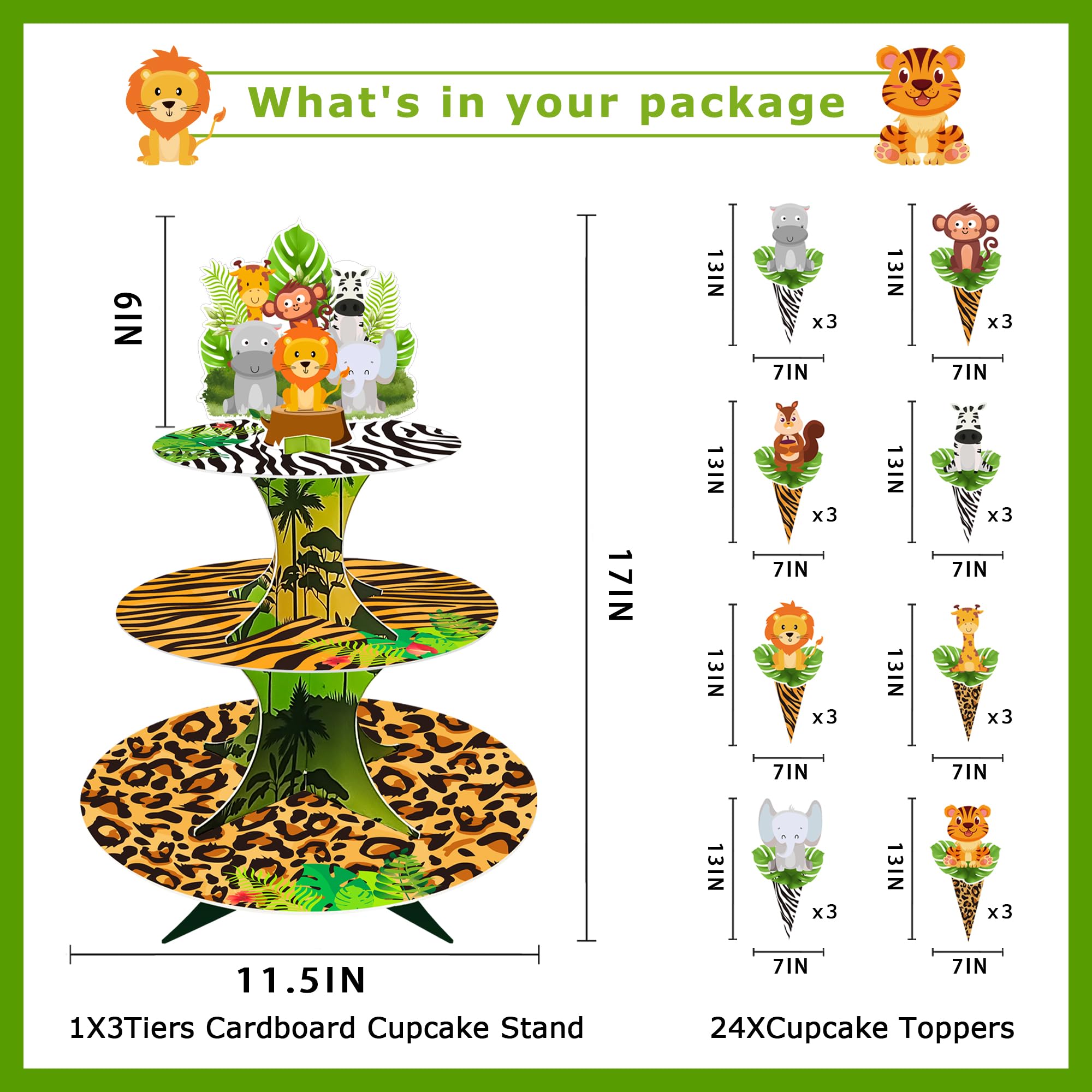 Présentoir à Cupcakes 3 étages Thème Safari Jungle - Carton, ~33cm De Haut - Décoration Anniversaire Enfant, Fête
