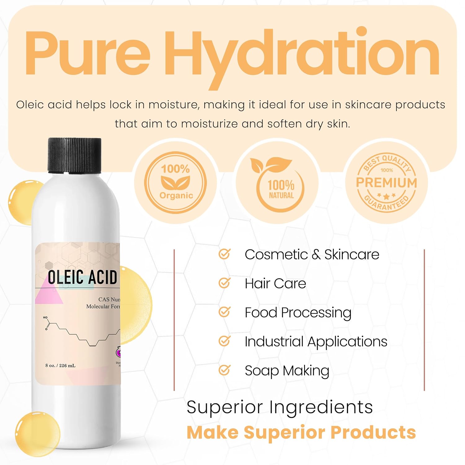 Pure Oleic Acid Cosmetic Grade - 4 Oz / 118 mL - Organic Oleic Acid - Emulsifying Agent for Hair Care Products - Skin Care & Cosmetic Formulations & Soap Making - Lab Chemicals by Talsen Chemicals