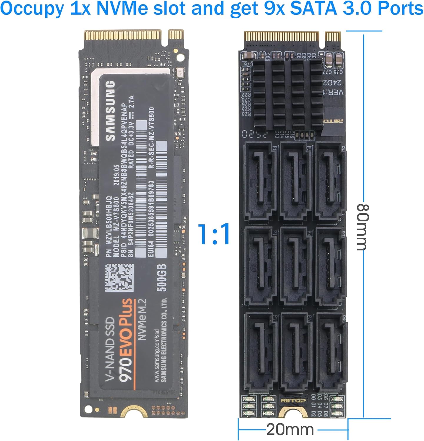 M.2 to SATA Adapter [9-Port], RIITOP M.2 NVMe to SATA III 6Gbps Card for HDD SSD