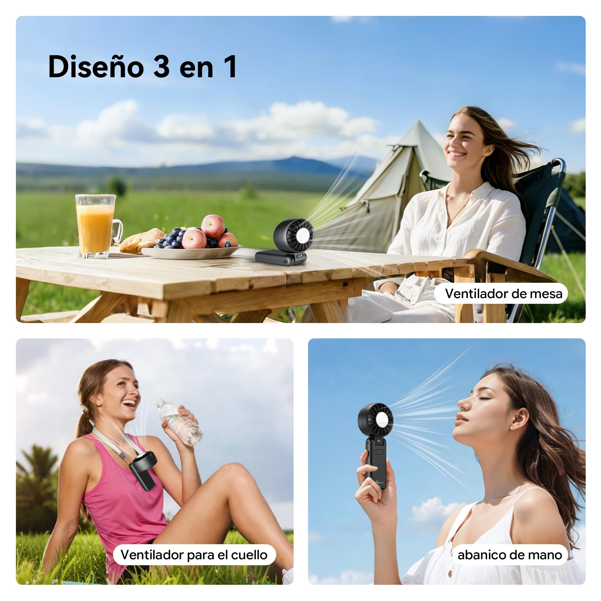 Ventilador Portátil con Refrigeración por Hielo, Enfriamiento en 3 s, Recargable, 5 Velocidades, hasta 9 m/s,carga USB-C,para Viajes, Oficina y Exterior