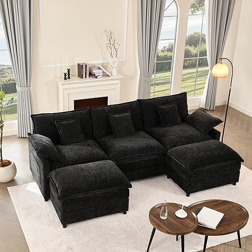 BIGSYY 108" U Shaped Couch, Modular Sectional Sofa, 3-Seater Comfy Cloud Couch with Movable Ottoman, Deep Seat Couches for Living Room, Chenille, Black - Black - 108" - U Shape