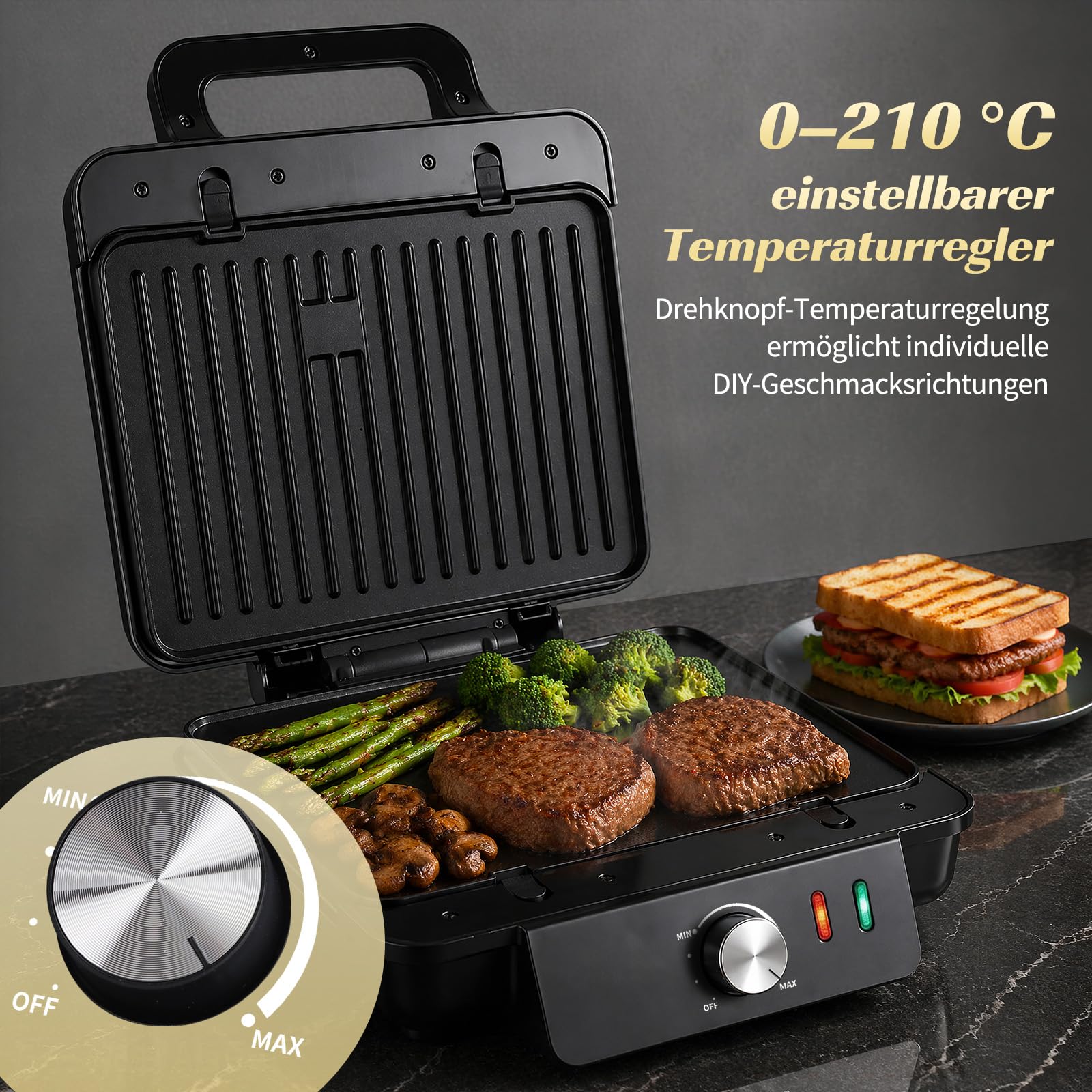 Aigostar Waffeleisen, Kontaktgrill & Sandwichmaker 3 in 1, XL, 1500 W | keramische Antihaftbeschichtung, einstellbare Temperatur, Multifunktionsgerät mit abnehmbaren Platten, BPA- und PFAS-frei